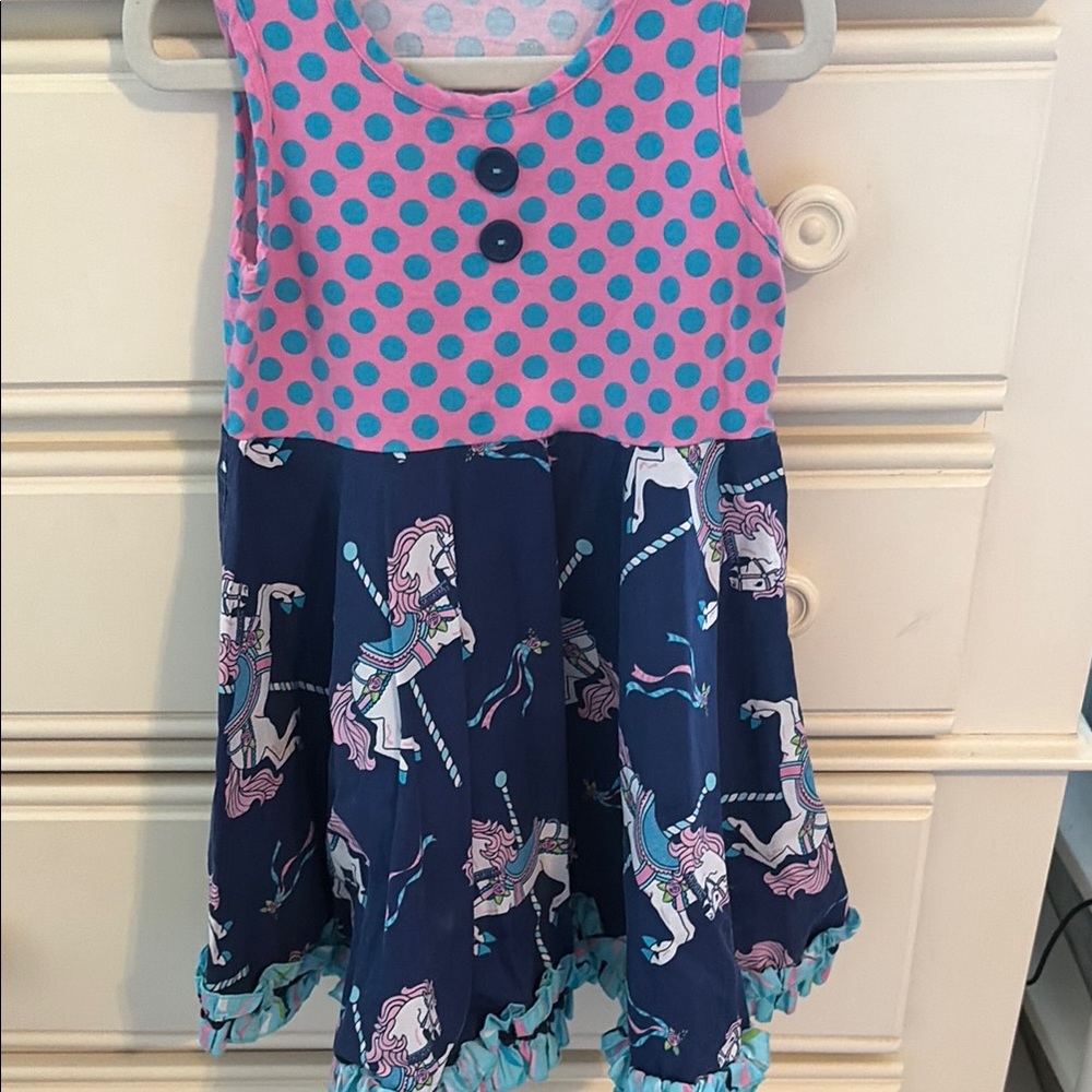 Eleanor Rose Girls Polka Dot & Carousel Horse Dress - Pink & Navy 4/5T